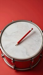 Close-Up View of a Round Drum with a Red Pencil on a Marble Surface Against a Red Background