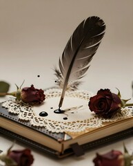 Elegant Rose Flowers and Quill Pen on a Handmade Book Opened with Ink in Artistic Still Life Arrangement