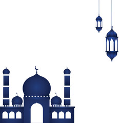 Blue silhouette mosque with hanging lanterns on light gray background 