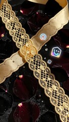 Intricate Gold Lace Ribbon Overlaying Dark Rose Petals for Elegant Decorative Presentation