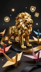 Golden Lion Statue Surrounded by Colorful Origami Cranes and Decorative Ribbons on Black Background