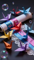 Colorful Origami Cranes Surrounded by Bubbles on a Decorative Workspace with Craft Materials