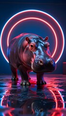 Realistic 3D Hippopotamus Model Under Neon Lights with Glossy Reflections and Circle Design