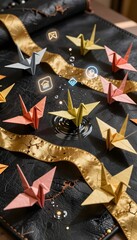 Colorful Origami Cranes on a Textured Surface with Water Reflections and Decorative Ribbon