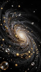 Cosmic Spiral Galaxy with Bright Stars and Shimmering Particles in a Dark Space Background
