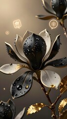 Elegant Black and White Magnolia Flower with Water Droplets and Golden Accents in Soft Light