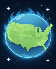 Illustration of a Green Map of the United States on a Globe Surrounded by Flames in Outer Space