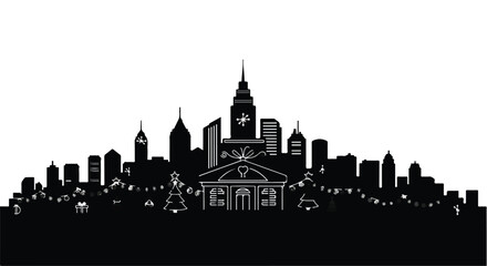 Obraz premium Festive city skyline silhouette adorned with holiday lights and decorations.