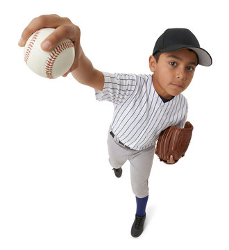 Junior athlete in pinstripe uniform throwing a baseball pitch, isolated