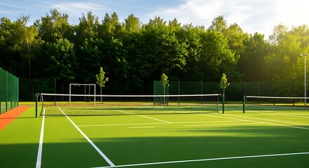 Tennis Court with Green Surface and Trees.