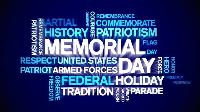 Memorial Day animated word cloud-text design animation tag kinetic typography seamless loop.