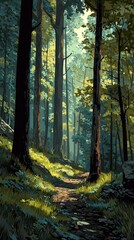 Obraz premium Pixelated Forest Trail Through Towering Trees with Sunlight Filtering Through Canopy in Green and Brown Tones Creates Atmospheric Vertical Landscape