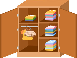 An open wardrobe filled with neatly stacked clothes and a hanging dress, showcasing organization, storage, and fashion.