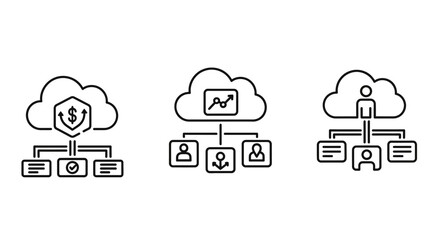 Obraz premium Cloud Computing Icons: Financial Security, Teamwork, and Data Management