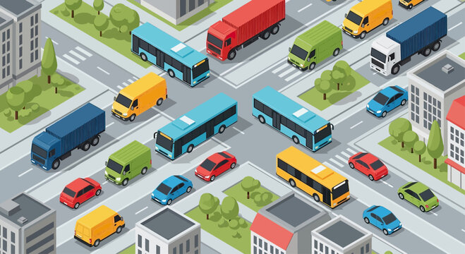Isometric city traffic with various vehicles on roads and intersections.