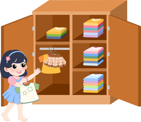 Young girl standing beside an open wardrobe full of colorful clothes and towels, slice13.png reference