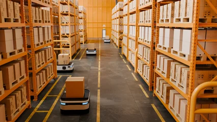 Fotobehang Restaurant Automated warehouse logistics center with autonomous robots moving cardboard boxes. Smart supply chain distribution industry concept with orange shelves- 3D rendering  © Vanitjan