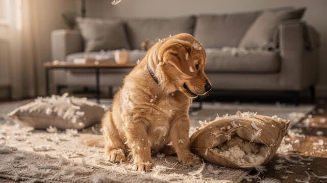 Mischievous golden retriever puppy creates epic mess. Cute naughty dog playfully destroys pillow, leaving feathers all over home