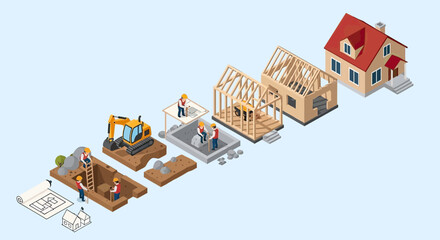 Isometric House Construction Process from Blueprint to Finished Home. © Yahya