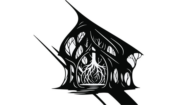 Ethereal dwelling with intricate root system illuminated from within