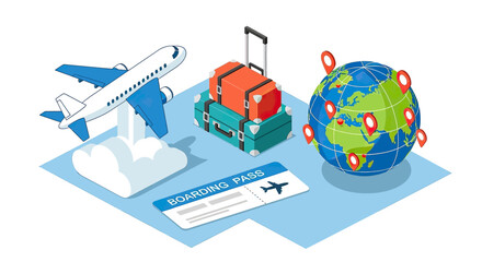 Isometric illustration of global travel and tourism with airplane, luggage, and world map.