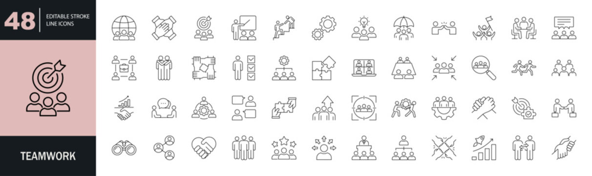 Teamwork icon set. Editable line icons. Vector illustration.