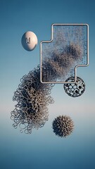 Abstract 3D Rendered Geometric Shapes Floating in a Blue Sky.