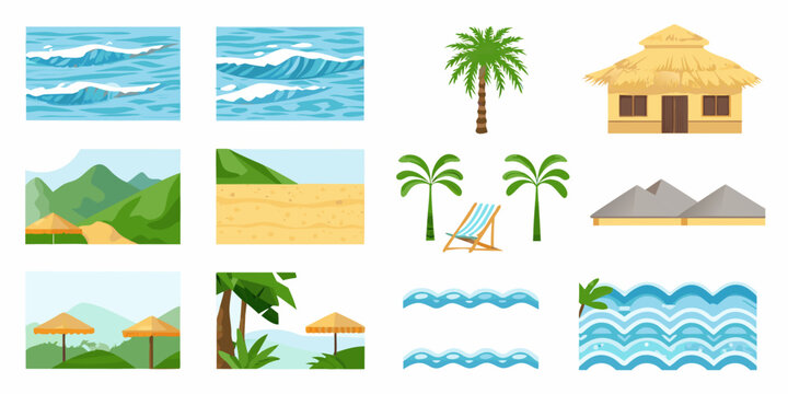 Tropical vacation icons depicting beaches mountains and palm trees