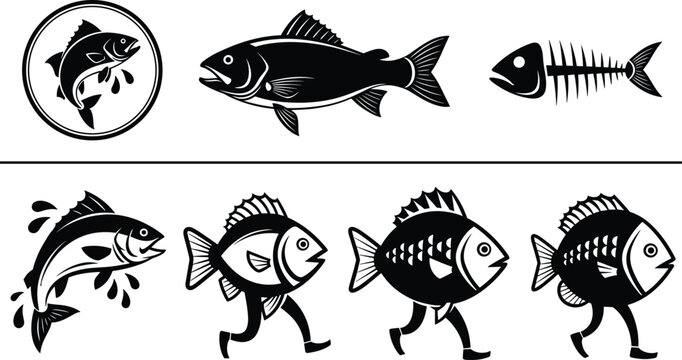 Fish vector icon set, salmon jumping out of water, fish bone skeleton silhouette, walking fish character with legs, seafood restaurant logo,