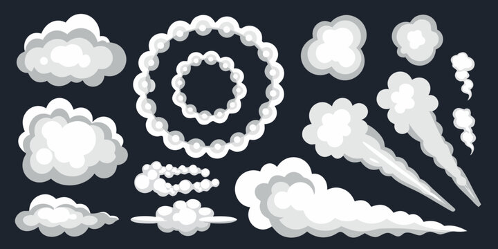 Collection of cartoon smoke and cloud puffs in varying shapes