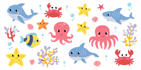 Cute cartoon sea creatures and marine life illustrations on a white background © Polash