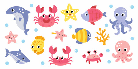 Obraz premium Colorful cartoon marine life illustration with various sea creatures and plants