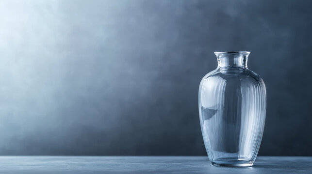 Clear glass vase with ribbed design stands elegantly against soft blue background, showcasing its delicate features