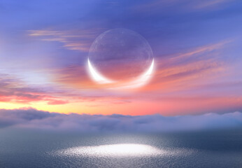 Ramadan Kareem background - Abstract background of amazing crescent moon over the sea at sunset