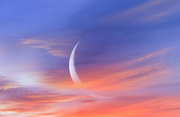 Ramadan Kareem background - Abstract background of amazing crescent moon over the sea at sunset