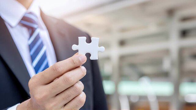 Businessman holding puzzle piece symbolizing teamwork success and problem solving in corporate environment