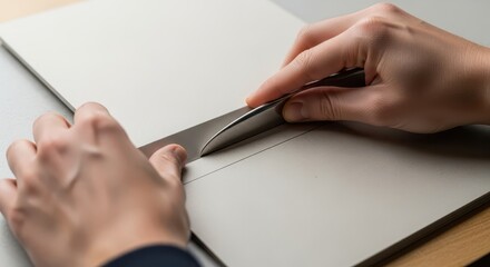 Person uses a bone folder tool to crease thick paper  on a light surface