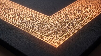 Fototapeta premium Close-up of Golden Islamic Geometric Border and Calligraphy on Black Linen Background, Elegant Ornamental Arabic Pattern for Ramadan and Eid Greeting