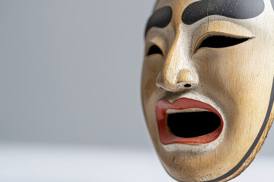 Japanese Noh theater mask, traditional art, wooden craftsmanship, expressive features, cultural heritage, dramatic expression