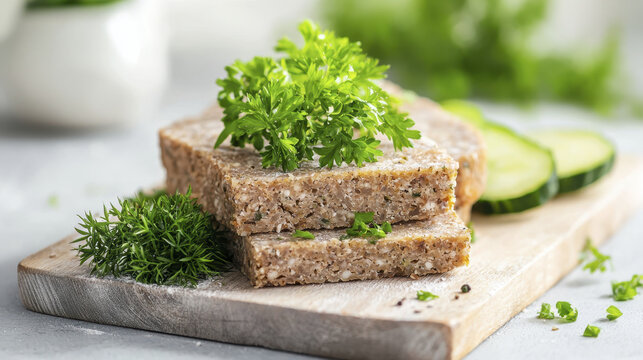 Freshly sliced scrapple garnished with herbs, served wooden board alongside cucumber slices, evokes delightful culinary
