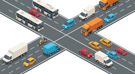 Isometric view of a busy road intersection with various vehicles. © Yahya