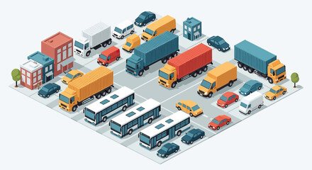 Isometric view of diverse transportation vehicles including trucks, buses, and cars on a stylized road network. © Yahya
