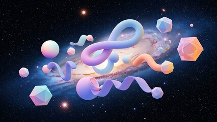 Abstract 3D Shapes Floating in Cosmic Galaxy Background.