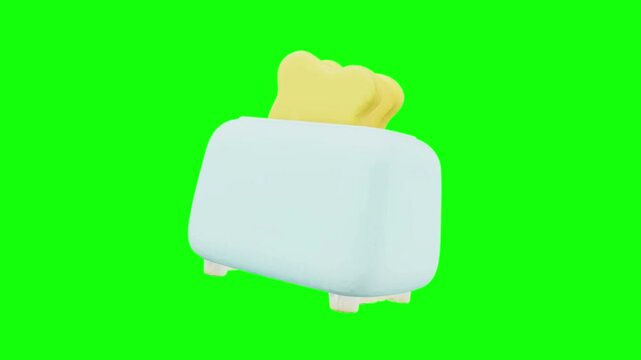 3D  piece of golden brown toast popping out of a stylish light blue kitchen toaster machine animated on green screen background