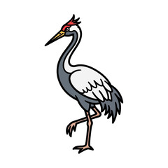 Obraz premium A cartoon illustration of a red-crowned crane standing on one leg with its wings folded.