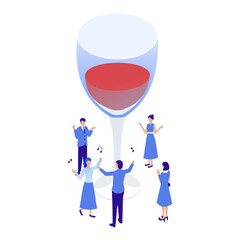 アイソメトリックな巨大ワイングラスと人々（乾杯・パーティー・祝賀会）