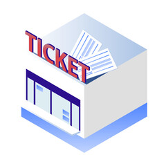 アイソメトリックなチケット売り場のイラスト（映画館・イベント会場）