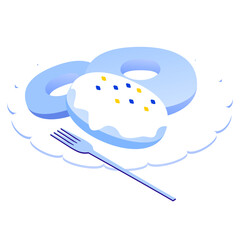 アイソメトリックなドーナツのイラスト（お皿とフォーク・スイーツ）