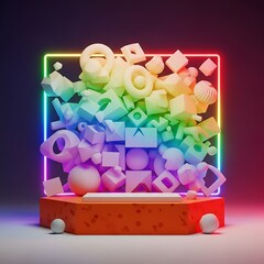 Abstract 3D Shapes Rainbow Gradient Neon Frame.