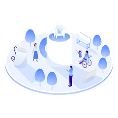 アイソメトリックな広場のイラスト（巨大なマグカップの噴水と公園）